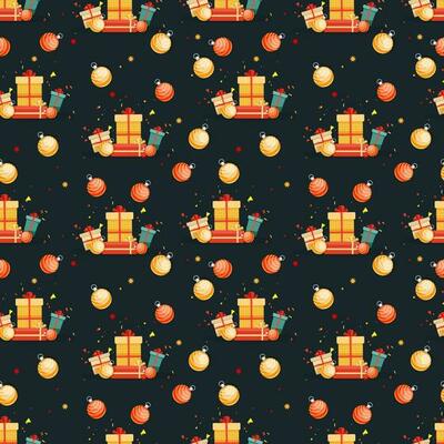 Seamless Pattern Of Glossy Baubles With Gift Boxes And Confetti On Black Background.
