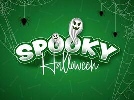 Sticker Style Spooky Font With Glossy Cartoon Ghosts And Spider Web On Green Bones Background For Halloween Party. vector