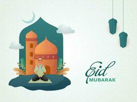 Eid Mubarak Font With Muslim Man Offering Prayer And Mosque Illustration On White Islamic Pattern Background. vector