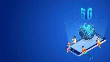 5g móvil Internet red Servicio concepto, 3d ilustración de teléfono inteligente con global globo y usuario utilizando nuevo Internet datos dispositivo. vector