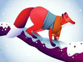 Fox character standing on tree branch and snowfall background. vector