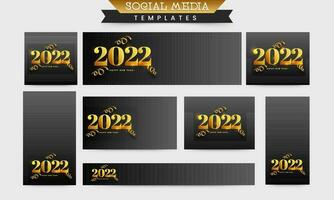 Social Media Templates Layout With Golden 2022 Happy New Year Font And Curl Ribbons On Black Background. vector