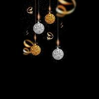 Golden And Silver Glittering Baubles Hang With Shiny Curl Ribbons On Black Background. vector