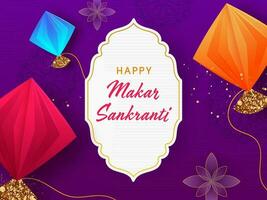 Happy Makar Sankranti Font Over White Vintage Frame And Colorful Origami Paper Kites On Purple Floral Background. vector