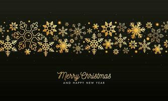 Merry Christmas and Happy New Year greeting card design with golden stars and snowflakes decorated on black background. vector