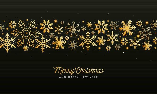 Merry Christmas and Happy New Year greeting card design with golden stars and snowflakes decorated on black background.