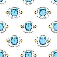 Happy New Year Font With Alarm Clock On White Background. vector