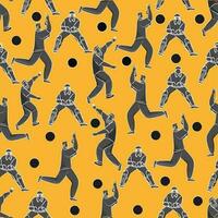 Seamless Cricket Players Pattern Background In Gray And Yellow Color. vector