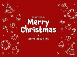 Merry Christmas And New Year Wishes Card With Festival Elements In White Line Art On Red Background. vector