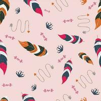 Seamless Pattern Of Feathers With Moving Arrow On Pink Background. vector