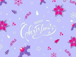 Merry Christmas Calligraphy Font text on purple background decorated with Festival Element like as Xmas Trees, Snowflake, Flower and Holy berry. vector