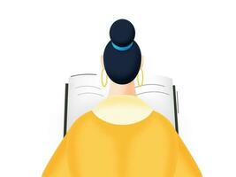 Back view of woman character reading a book on white background. vector