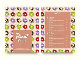 Donut Cafe Menu Template Layout In Front And Back Side. vector