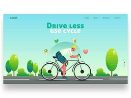 Drive Less Use Cycle Based Landing Page With Man Riding Bicycle On Nature Background vector