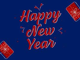 Red Happy New Year Font With Top View Gift Boxes On Blue Background. vector