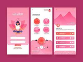 Ease Peace Meditation Music App Walkthrough Screens Template Layout On Pink Background. vector