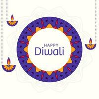 Happy Diwali Text On Floral Pattern And Lit Oil Lamps Hang. vector