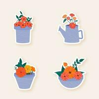 Sticker Style Flower Pots Set On Beige Background. vector