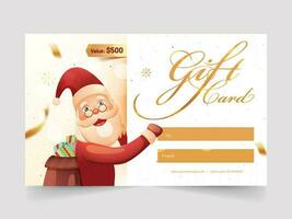 Gift Card Template Layout With Cute Santa Claus And Bag Full Of Gift Boxes Illustration. vector