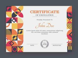 Certificate Of Excellence Template Design With Colorful Abstract Geometric Pattern. vector