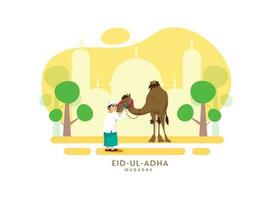 Illustration Of Muslim Young Boy Caressing Camel Before Sacrifice On Yellow Mosque Background For Eid-Ul-Adha Mubarak Concept. vector