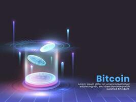 3D Bitcoins Between Emerging Digital Rays On Futuristic Technology Background For Cryptocurrency Concept. vector