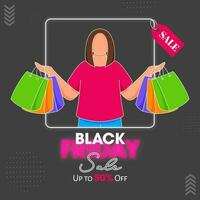 Black Friday Sale Poster Design With Discount Offer And Faceless Woman Holding Shopping Bags On Dark Gray Background. vector