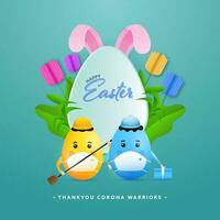 Thank You Corona Warriors Poster Design With Cartoon Eggs Wear Medical Mask, Bunny Ear And Paper Cut Tulip Flowers On The Occasion Of Happy Easter. vector