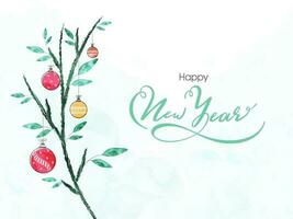 Drawing of tree decorated with baubles and watercolor effect on white background for Happy New Year celebration. vector