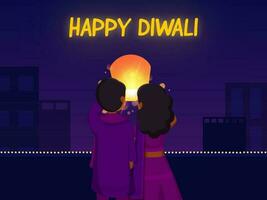 Happy Diwali Celebration Background With Back View Of Young Boy And Girl Holding Sky Lantern. vector