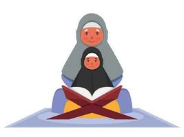 Muslim Woman And Her Daughter Reading Quran Together On Blue Mat. vector