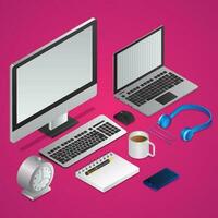 3D office workplace view of computer with laptop, notebook, coffee mug, headphone, smartphone and alarm clock on pink background. vector