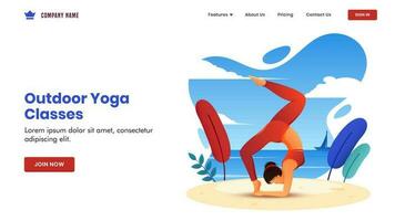 Outdoor Yoga Classes concept based landing page design with young woman doing exercise in chakra asana pose on beach view background. vector