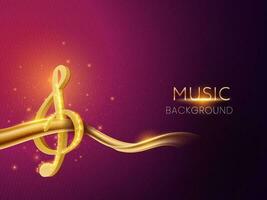 3D Golden Music Treble With Abstract Wave On Purple Light Effect Background. vector