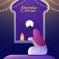 Golden Ramadan Kareem Font With Back View Of Muslim Woman Looking Out From Window And Lit Lanterns On Full Moon Purple Silhouette Mosque Background. vector