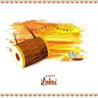Happy Lohri Celebration Concept With Drum Instrument, Lassi Glasses, Indian Sweets, Chikki Plate And Yellow Brush Effect On White Background. vector