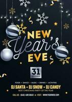 New Year's EVE Template or Flyer Design with hanging Baubles, Snowflakes, Golden Stars and Lighting Garland Decorated on Blue Background vector