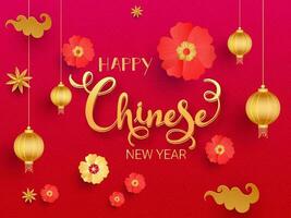 Golden Happy Chinese New Year Text Decorated with Flowers, Clouds, Stars and hanging Lanterns on Red and Pink Squama Pattern Background. vector