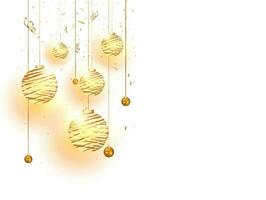 Hanging baubles with light effect and golden confetti decorated on white background can be used as greeting card design. vector