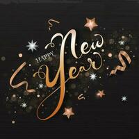 Bronze Happy New Year Font with Confetti Ribbon, Stars Decorated on Black Bokeh Background. vector