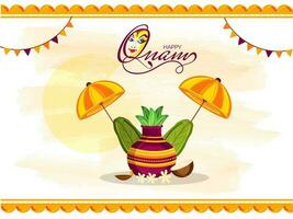 contento onam celebracion antecedentes con Adoración maceta, plátano hojas, Coco, iluminado petróleo lámpara y dos paraguas ilustración. vector
