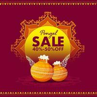 Pongal Sale Poster Design With Discount Offer, Traditional Dish In Mud Pots And Mandala Pattern On Dark Pink Background. vector