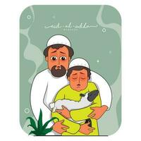 Vector Illustration Of Muslim Man With His Son Holding Sheep Over Background For Eid-Al-Adha Mubarak Concept.