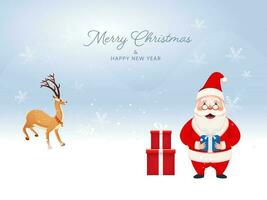 Merry Christmas And New Year Poster Design With Cute Santa Claus Holding Gift Box And Reindeer Illustration On Blue And White Snowflake Background. vector