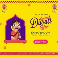 diwali rebaja póster diseño con descuento oferta y indio mujer participación plato de iluminado petróleo lámpara en amarillo antecedentes. vector