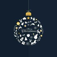 Calligraphy of Merry Christmas with hanging bauble made by christmas festival elements on blue background. Can be used as greeting card design. vector