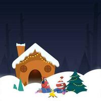 Faceless Young Couple Enjoying Drinks In Front Of Bonfire With Xmas Tree And Snowy House On Blue Background. vector