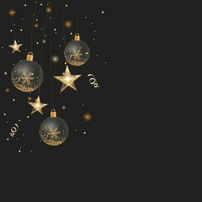 Golden Snowflakes Inside 3D Transparent Baubles Hang With Star String Lights On Black Background.