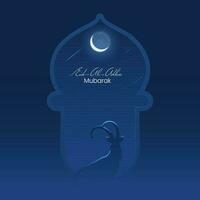 Eid al-Adha Mubarak concepto con cabra animal y creciente Luna en azul antecedentes. vector