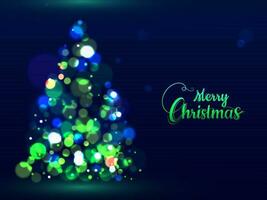 Green calligraphy text Merry Christmas and creative Xmas tree made by bokeh effect on blue background can be used as greeting card design. vector